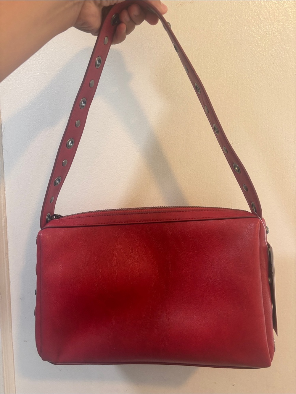 No Boundaries Red Faux-Leather Shoulder Bag with Grommet Strap